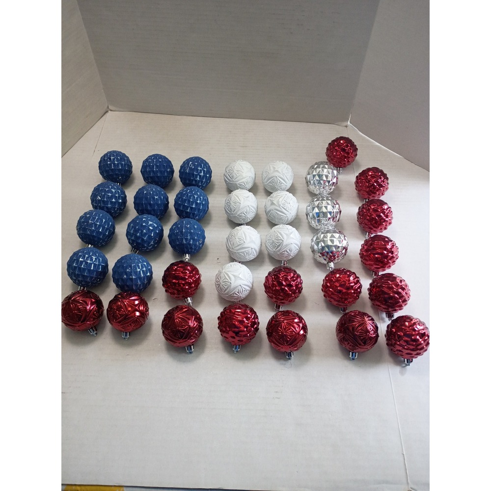 36pc Patriotic Christmas Ornaments Red White Blue Silver Textured Shatterproof